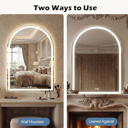 DUMOS 24"×32" LED Bathroom Mirror with Lights, Arched Vanity Mirror with Anti-Fog, Dimmable, 3-Color Light, Memory Function, Front Light and Backlit, Tempered Glass
