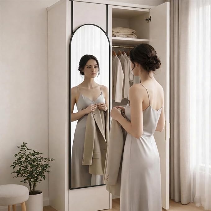 Simple Deluxe 47x14 Arched Full Length Mirror Over The Door, Wall Mounted Full Body Mirror, Rustproof Aluminum Alloy Frame, Distortion-Free, for Bedroom, Living Room, Entryway, Black