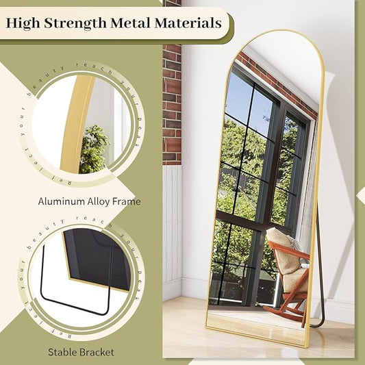 BEAUTYPEAK 65"x24" Full Length Mirror, Arch Full Body Floor Mirror, Wall Mirrors Hanging or Leaning Arched-Top with Stand for Bedroom, Dressing Room, Living Room, Gold