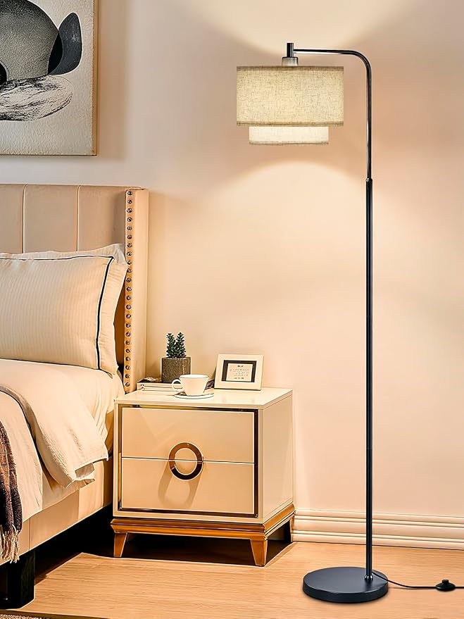 64" Modern Floor Lamp for Living Room Bedroom, Floor Lamp with 3 Color Temperatures, Standing Lamp with Double Oatmeal Linen Lampshade, Tall Lamp with A19 12W LED Bulb, Foot Switch Control, Black