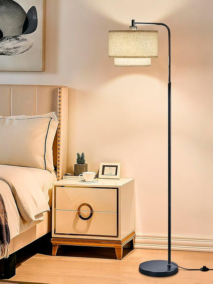 64" Modern Floor Lamp for Living Room Bedroom, Floor Lamp with 3 Color Temperatures, Standing Lamp with Double Oatmeal Linen Lampshade, Tall Lamp with A19 12W LED Bulb, Foot Switch Control, Black