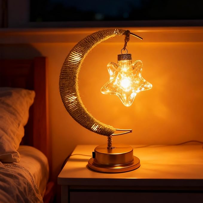 Crescent Moon Table Light with Hanging Star Ramadan Decorative Atmosphere Lamp Battery Operated Suitable for Home Bedroom Shop Party Decoration (HGmoon-WW-Star)