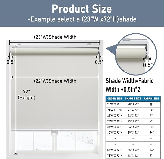 Cordless Roller Shades Blackout Blinds for Windows Room Darkening Rolled Up Shades with Spring System, UV Protection Window Shades Door Blinds for Home and Office (21" W x 72" H, Ivory)