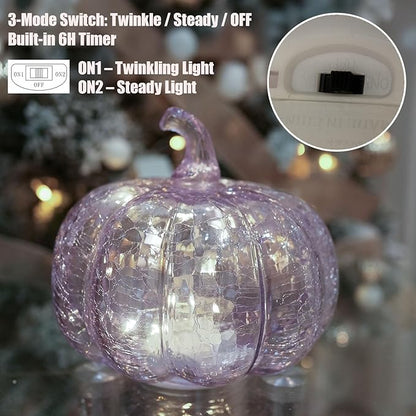 Handcrafted Lavender Crackle Glass Pumpkin Light, LED Battery Operated Table Décor with 6H Timer, Twinkle & Steady Modes, Elegant Fall & Holiday Decoration