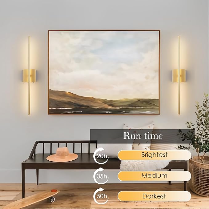 KARTOOSH 28.3 Inch 9 RGB Color Battery Operated Wireless Wall Sconces Set of Two, with Remote, Dimmable, Warm/Natural White/Daylight, Rotatable, LED Wall Light for Living Room, Bedroom, Gold