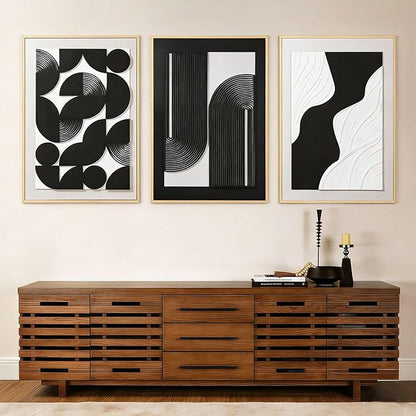 Large 3D Textured Framed Wall Art for Living Room, Set of 3 Black and White Boho Relief Sculptures, Modern Minimalist Arch & Wave Plaster Pictures for Large Entryway Foyer Decor, 24x36 Inch