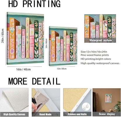 Book Wall Art Vintage Flower Books Canvas Wall Decor Pastel Bookshelf Artwork Painting Pictures Colorful Book Stack Posters Prints for Living Room Bedroom Reading Nook 12x16 Inch Framed