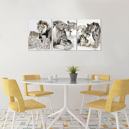 3 Pieces Lion Pictures Wall Art Animal Canvas Paintings Brown Lion Family Portrait Pictures Wall Decor Watercolor Style Poster Living Room Home Office Decor, Framed 12" x 16"x3