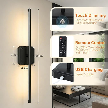 Battery Operated Wall Sconces Set of 2, 𝐔𝐩𝐠𝐫𝐚𝐝𝐞𝐝 Rechargeable Wall Lights with Remote Control, LED Wall Sconces Black, 3000K-6000K Dimmable 360° Rotatable for Living Room, Bedroom, 28''