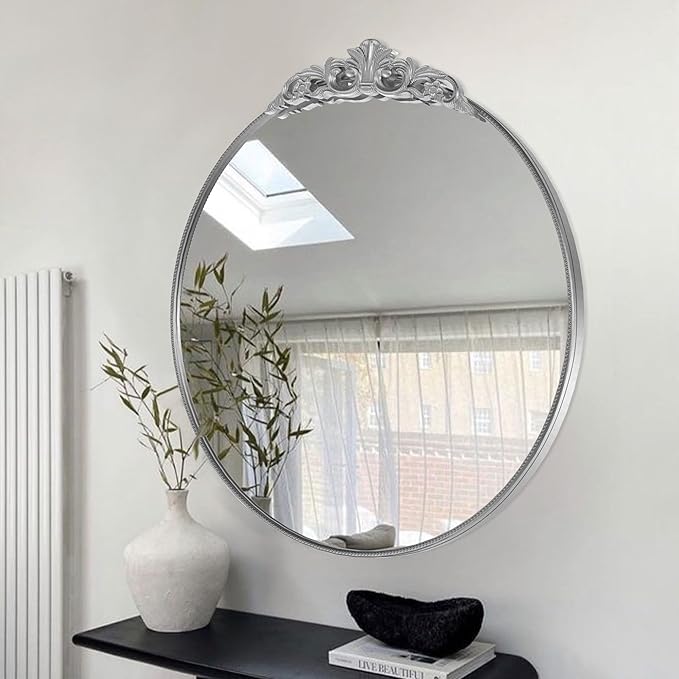 30'' Antique Silver Round Wall Mirror with Metal Flower Carving Frame, Small Vintage Retro Baroque Mirror Ornate, Vanity Mirror for Bathroom, Fireplace,Entryway, Living Room