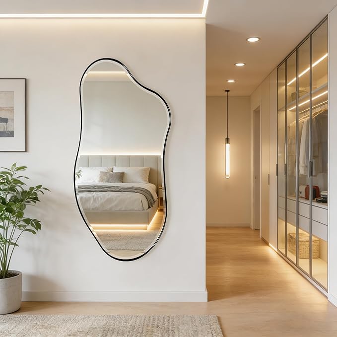 POZINO Irregular Beveled Mirror, 53"x26.5" Modern Premium Organic Mirror with Metal Frame, Large Asymmetrical Aesthetic Mirrors for Living Room Bedroom Hallway Entryway, Horizontal/Vertical Hanging