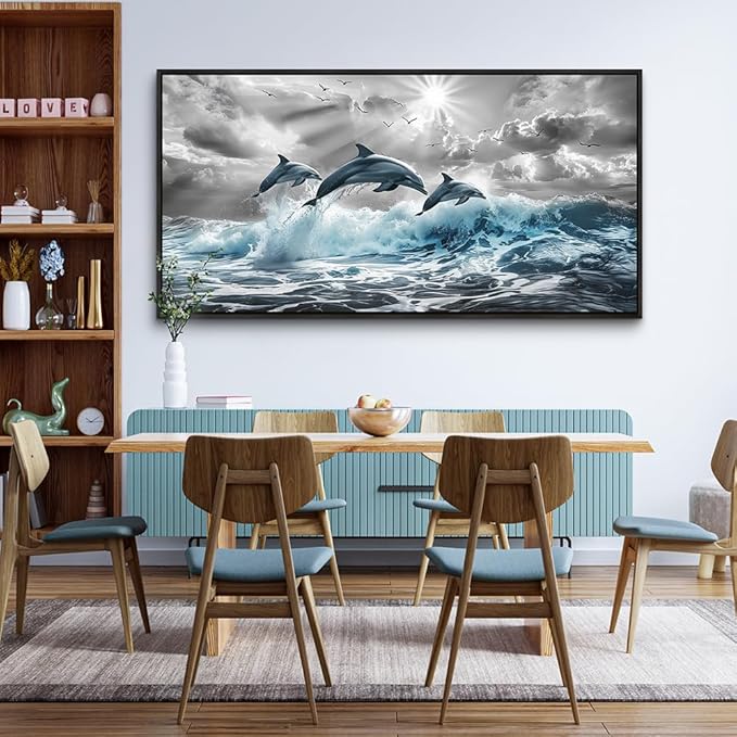 hyidecorart Black Framed Wall Art For Living Room Large Wall Decoration For Bedroom Modern Home Decor Office Canvas Art Print Artwork Dolphins Seascape Wall Paintings Blue wave Pictures 30X60