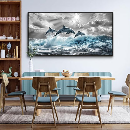 hyidecorart Black Framed Wall Art For Living Room Large Wall Decoration For Bedroom Modern Home Decor Office Canvas Art Print Artwork Dolphins Seascape Wall Paintings Blue wave Pictures 30X60