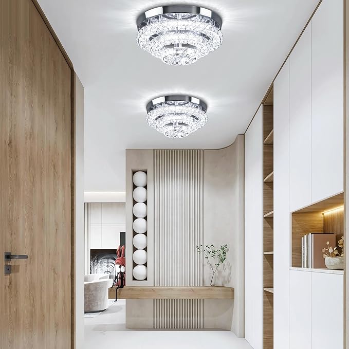 11.8" Crystal Chandeliers Modern Crystal Ceiling Light LED Chandeliers Semi Flush Mount Chandelier Ceiling Light Fixture for Bedrooms Dining Living Room Hallway (6500K Cool White)