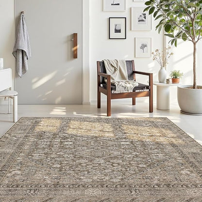 8x10 Area Rugs Beige Brown Washable Rug for Living Room, Dining Room, Bedroom, Large Carpets, Non Slip & Non-Shedding Low Pile Vintage Print Rug for Home Office Decor