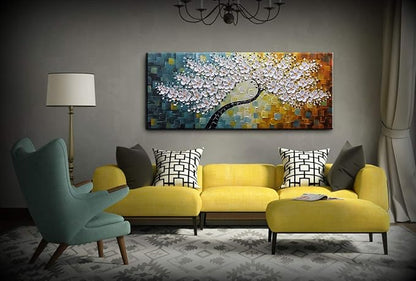 YaSheng Art - Large Canvas Wall Art ,100% Hand Painted Floral Wall Art Oil Painting , 3D Texture White Flower Artwork Paintings, Modern Home Bedroom Living Room Wall Decor ,Abstract Art Painting, Framed Wall Art Pictures 24x60inch