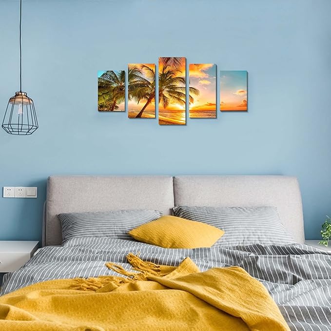 Golden Seascape Ocean Beach Wall Art Cozy Sea Artwork Modern Ocean Sunset Sea Beach Canvas Prints Pictures Paintings on Canvas Wall Art for Home Decor 5 Panels Gallery Wrapped Tropical Scenery