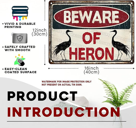 Heron Vintage Sign Warning Beware of Heron Metal Tin Sign for Men Home Decor tin Art Decor 12x16inch