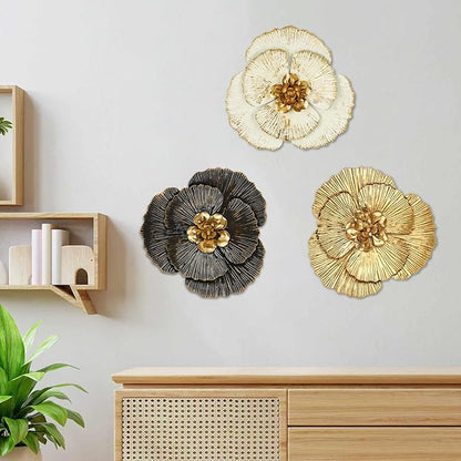 DILATATA 3 Pcs Metal Flower Wall Art Set 10 Inch Rustic Modern Floral Sculpture 3D Metal Flower Wall Hanging Accent for Indoor Living Room Bedroom Kitchen Bathroom Garden Patio Decor - Mixcolor