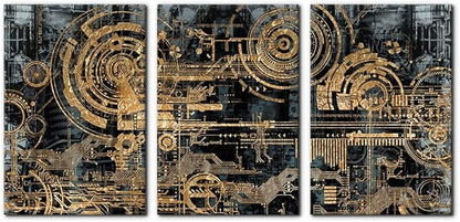 Pacimo 3 Pieces Abstract Canvas Wall Decor Electronic PC Motherboard Circuit Collage Abstract Technology Digital Art Modern Artwork Alternative Urban Shapes Framed Wall Art - 16"x24"x3 Panels