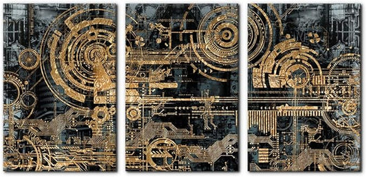Pacimo 3 Pieces Abstract Canvas Wall Decor Electronic PC Motherboard Circuit Collage Abstract Technology Digital Art Modern Artwork Alternative Urban Shapes Framed Wall Art - 16"x24"x3 Panels