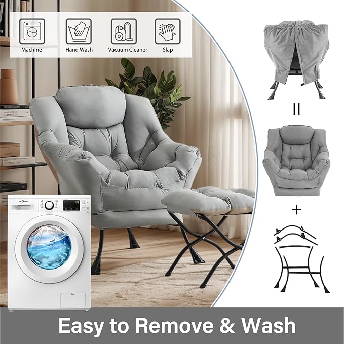 Lazy Chair with Ottoman, Large Light Grey Accent Chair with Ottoman, Comfy Reading Armchair, Leisure Sofa Chair for Living Room, Bedroom, Dorm Room, Office