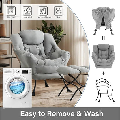 Lazy Chair with Ottoman, Large Light Grey Accent Chair with Ottoman, Comfy Reading Armchair, Leisure Sofa Chair for Living Room, Bedroom, Dorm Room, Office