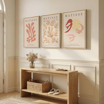 Framed Large Matisse Abstract Wall Art Set of 3, Vintage Neutral Pink Floral Botanical Canvas Prints, Classical Matisse Paintings Pictures for Living Room, Bedroom, Hallway, Office Decor, Total Size 30x60 In