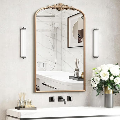 Besdomus Vintage Gold Wall Mirror: 24"x42" French Large Arch Champagne Gold Antique Wall Mounted Mirror - Traditional Ornate Home Decor for Entryway/Fireplace/Bathroom - Baroque Idea for Housewife