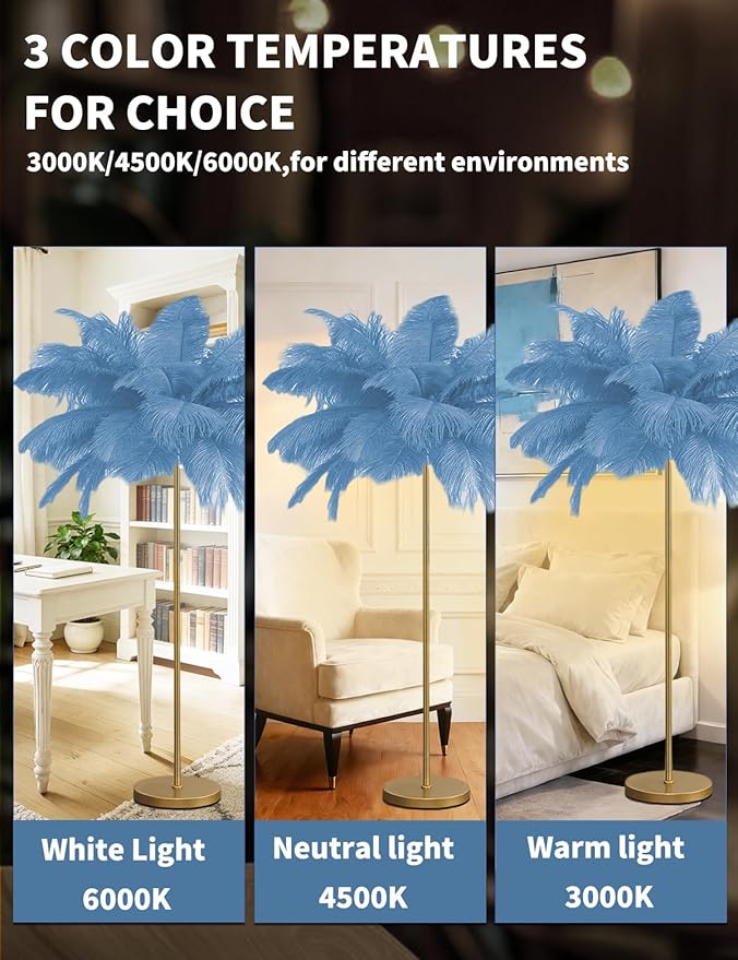 Feather Floor Lamp,Fluffy Ostrich Feather Floor Lamp for Bedroom,3 Color Temperatures Led Corner Modern Floor Lamps for Living Room Christmas Home Decor House Warming Gifts,63″ Height (Light Blue)