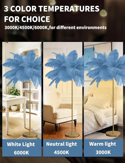 Feather Floor Lamp,Fluffy Ostrich Feather Floor Lamp for Bedroom,3 Color Temperatures Led Corner Modern Floor Lamps for Living Room Christmas Home Decor House Warming Gifts,63″ Height (Light Blue)