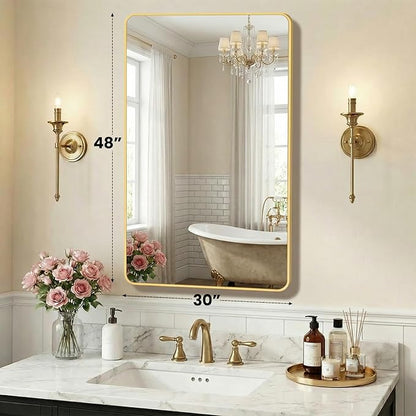 OLIXIS Bathroom Mirror for Over Sink, 48x30 Inch Wall Mount Mirror with Rounded Rectangle and Matte Metal Framed, Modern Wall Vanity Mirror for Home Decor, Living Room, Bedroom, Gold