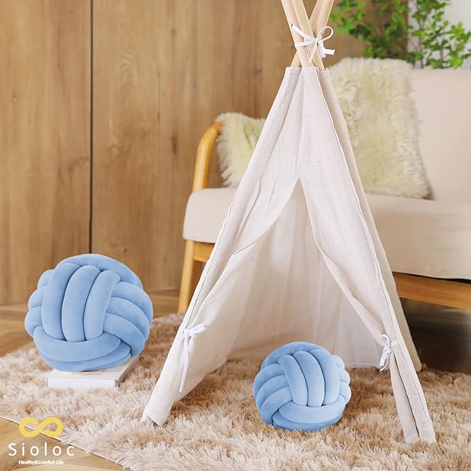 Sioloc Soft Knot Ball Pillows,Round Throw Pillow Cushion Home Decoration Plush Pillow,Throw Knotted Pillow Handmade Round Plush Pillow（13.7inches,Light Blue）