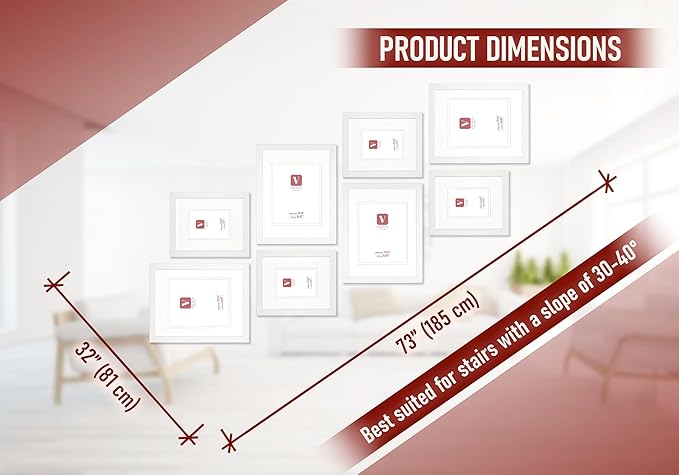 VELISTA 8 Piece Stair Picture Frame Set for Wall Collage – Stairwell Gallery Wall Frame Set -Stairway Décor for Walls - Ladder Picture Frames with Mat 5x7 and 8x10 in - Staircase Wall Décor (White)