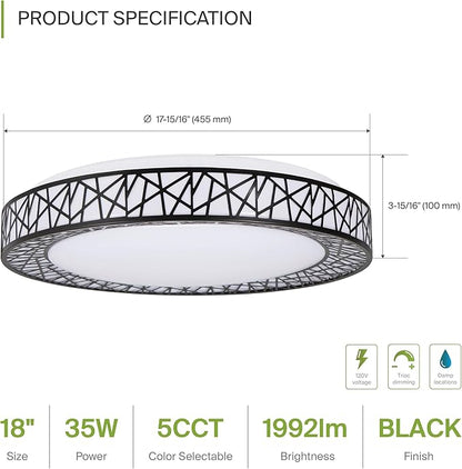 ASD 18 Inch LED Flush Mount Ceiling Light Fixture for Bedroom, 35W 1992LM 5CCT 2700K-5000K, Triac Dimmable Lights, Dining, Living Room, Kitchen Lamps, Modern Home Lighting Fixtures, Black, ETL