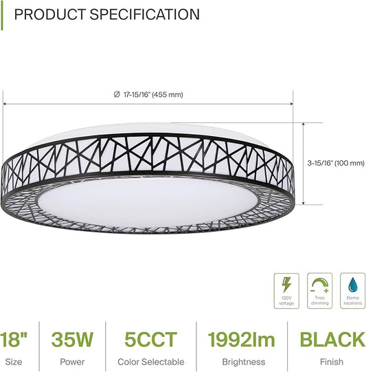 ASD 18 Inch LED Flush Mount Ceiling Light Fixture for Bedroom, 35W 1992LM 5CCT 2700K-5000K, Triac Dimmable Lights, Dining, Living Room, Kitchen Lamps, Modern Home Lighting Fixtures, Black, ETL
