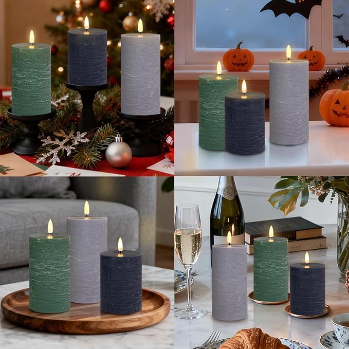 LEDHOLYT Rechargeable Flameless LED Pillar Candles–Luminous Real Wax Indoor Home Decor–Set of 3, Realistic Flickering LED Flame,Remote & Timer, USB-Rechargeable（Verdant & Ash Tones）