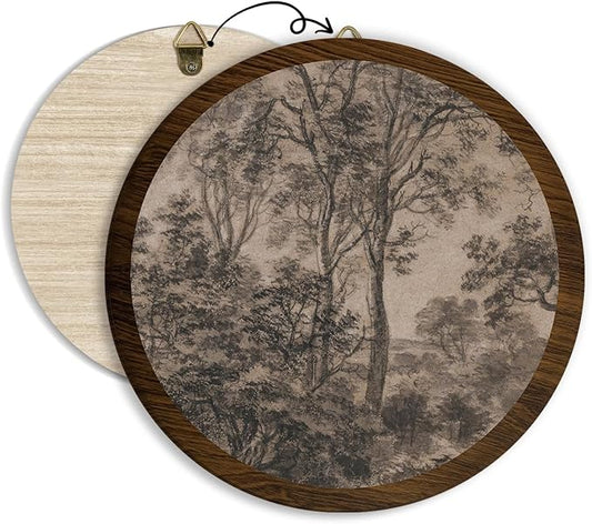 Xeqej Vintage Tree Sketch Hanging Wall Decor, Antique Tree Drawings Round Wooden Wall Art, Minimalist Nature Sketch Western Boho Decorations for Apartment Home Living Room Bedroom Bathroom Office, 13