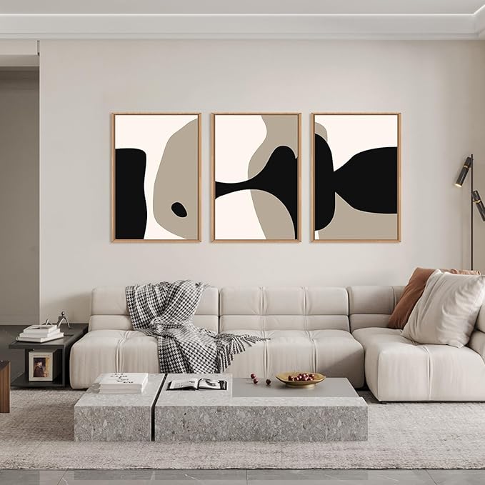 DRACIT Large Neutral Abstract Lines Framed Canvas Wall Art Set,Minimalist Black Beige Brown Wall Decor,Modern Mid Century Geometric Blocks Artwork for Living Room,Bedroom,Office-16 x24 x3