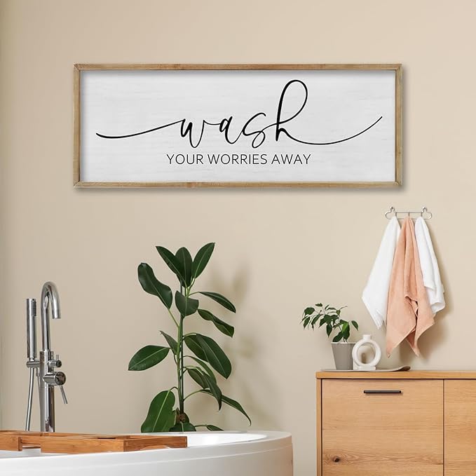 FZMHASLWW Funny Laundry Room Bathroom Wall Decor Wash Your Worries Away Sign 40"×15" Inspirational Quote Art for above the Bathtub Restroom Large Minimalist Wood Framed Hanging Plaqu (Wood)