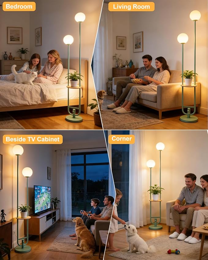 Lightdot 63IN Green Floor Lamp 2 Globe Mid Century Standing Lamps with Bulbs Included Unique Vintage Dimmable Tall Floor Lamp with 5Lbs Heavy Base for Living Room/Wedding/Sofa Beside/Corner Decor