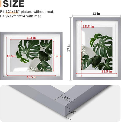 Egofine 12x16 Picture Frames with Plexiglass, Display Pictures 9x12/11x14 with Mat or 12x16 Without Mat Set of 4 for Wall Mounting,Light Grey