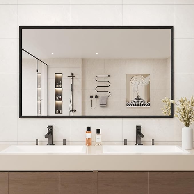 JISOSO Rectangle Bathroom Mirror 60x36 Inch, Matte Black Framed, 4MM Tempered Glass, Anti-Rust, Wall-Mount Vanity Mirror for Bathroom & Bedroom, Hangs Horizontally or Vertically