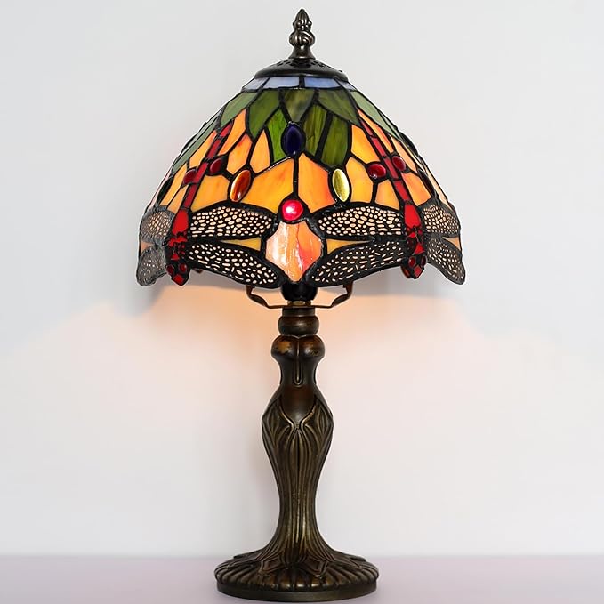 Tiffany Style Lamp Stained Glass Table Lamp 8 x 14.5 Mini Accent Light Yellow Dragonfly Design Small Decorative Bedside Reading Memory Lamp