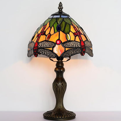 Tiffany Style Lamp Stained Glass Table Lamp 8 x 14.5 Mini Accent Light Yellow Dragonfly Design Small Decorative Bedside Reading Memory Lamp