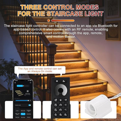 Smart Motion Sensor Staircase LED Strip Lights Kit, Intelligent 16-Step Light Controlled by APP & Remote(Not Include Battery) with 3000K Strips, Ideal for Indoor Stair Light Hallways & Stairs