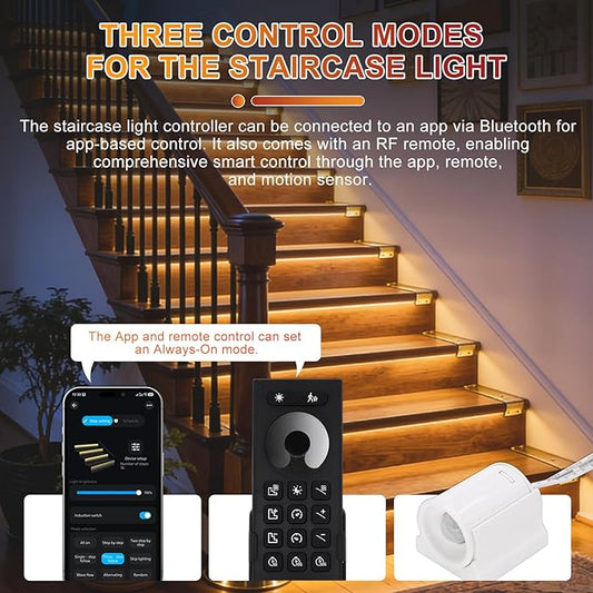 Smart Motion Sensor Staircase LED Strip Lights Kit, Intelligent 16-Step Light Controlled by APP & Remote(Not Include Battery) with 3000K Strips, Ideal for Indoor Stair Light Hallways & Stairs