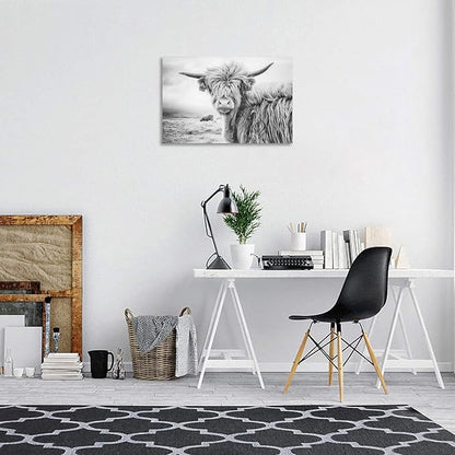 Black and White Cow Bull Yak Canvas Picture Wall Decor Farmhouse Highland Cow Decor Bathroom Picture Wall Art Framed for Home Office (24x36 inch)