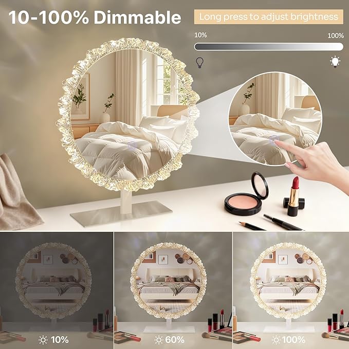 Crystal Round Vanity Mirror with Lights, 16 Inch Dimmable LED Makeup Mirror for Women, 3 Color Temperatures, Touch Switch, Silver Frame, Ideal for Girlfriend & Makeup Lovers