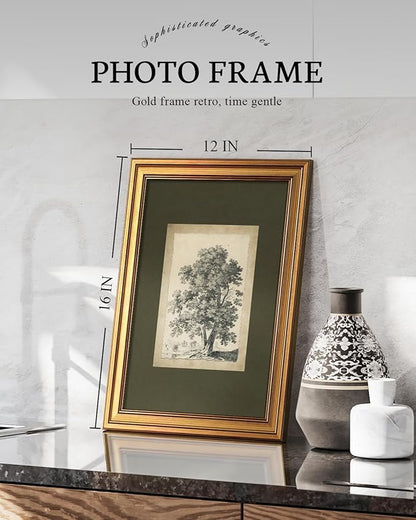 VIYYIEA Vintage Gold Framed Wall Art, Tree Forest Landscape Painting Canvas Prints, Green Gray Tree Natural Sketch Picture, Rustic Farmhouse Artwork for Living Room Bedroom Bathroom, 12x16inch